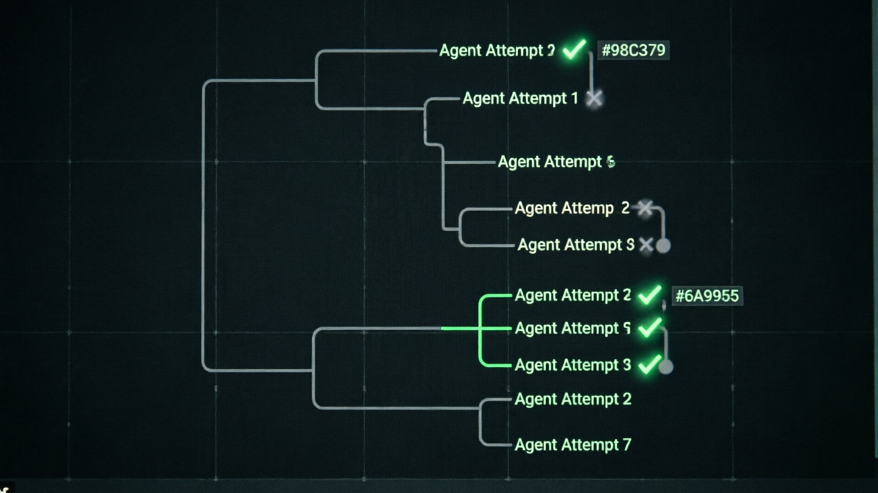 Oak 命令行界面截图，显示 agent 的多次尝试被组织为树形分支结构，绿色标记为成功路径，灰色为已废弃尝试，深色终端主题，现代 UI 风格