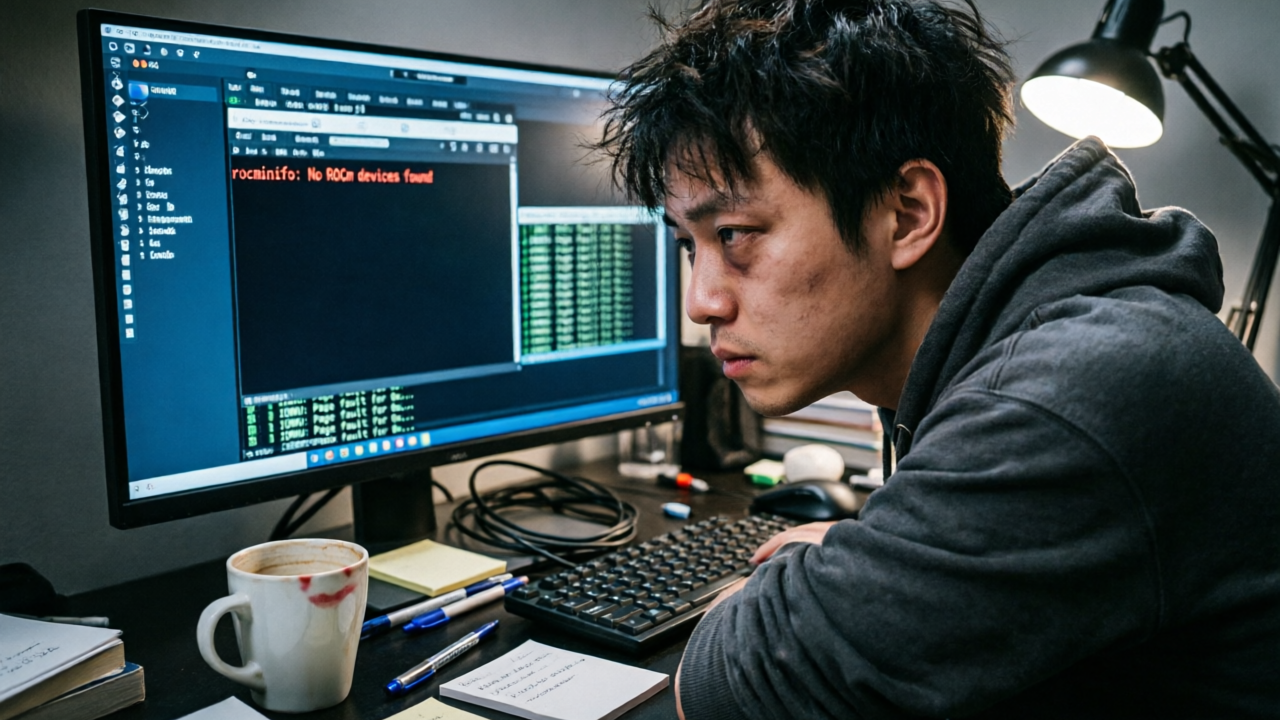 一个开发者坐在昏暗的房间里，显示器上显示 ROCm 终端和 GPU 监控面板，旁边放着一杯咖啡，深夜工作氛围