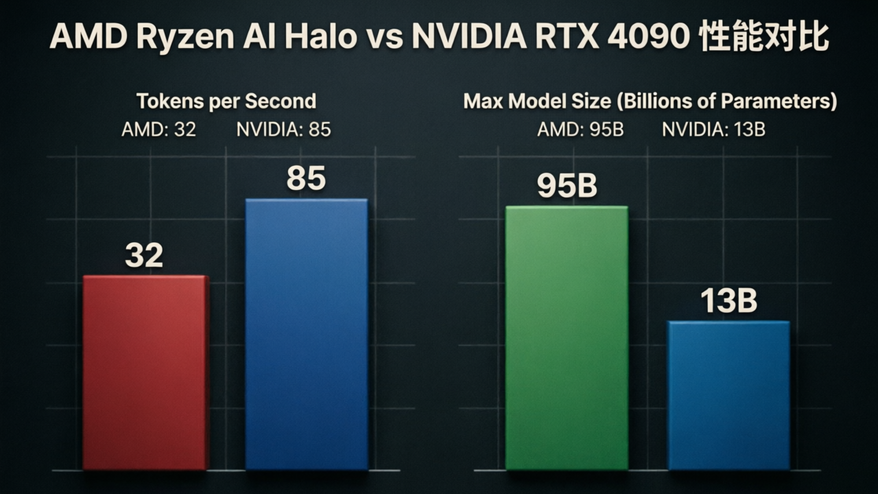 数据可视化图表，对比了 AMD Ryzen AI Halo 和 NVIDIA RTX 4090 在推理速度和模型容量上的差异，深色 UI 风格