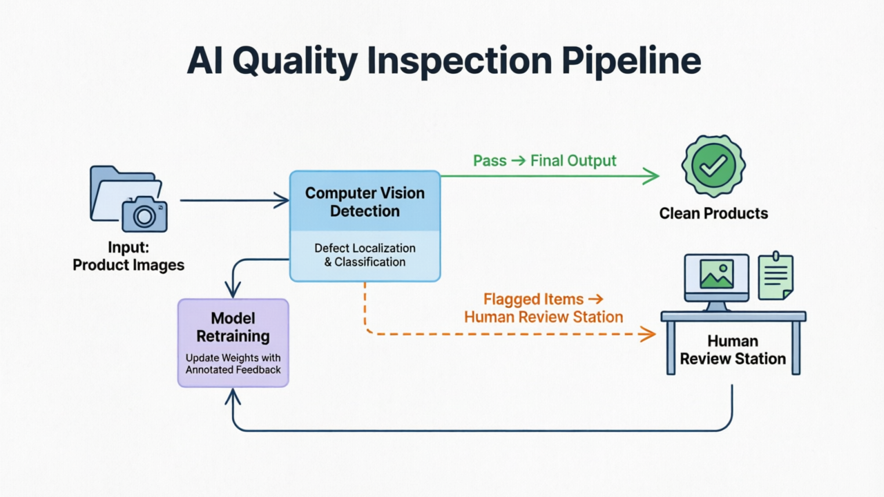 Quality control flowchart showing AI detection results being reviewed by experienced human inspectors, with feedback loop arrows connecting human judgments back to model retraining, infographic style