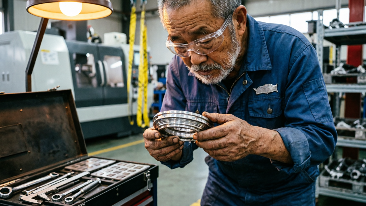 An elderly automotive quality inspector with gray beard examining a car part closely, wearing safety glasses, experienced hands holding the component, workshop environment with tools and machinery in background, warm lighting