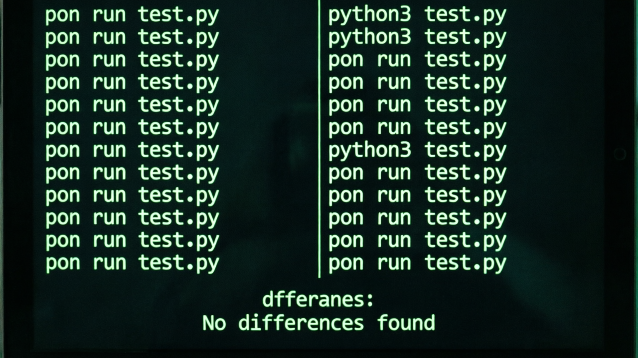 一个开发者在终端窗口中运行 Python 代码，左右分屏对比 pon JIT 和 CPython 的输出结果，深夜编程场景