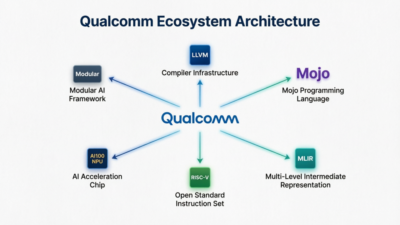Qualcomm 生态版图，展示 Modular、Mojo、LLVM、MLIR、AI100 和 RISC-V 的关系