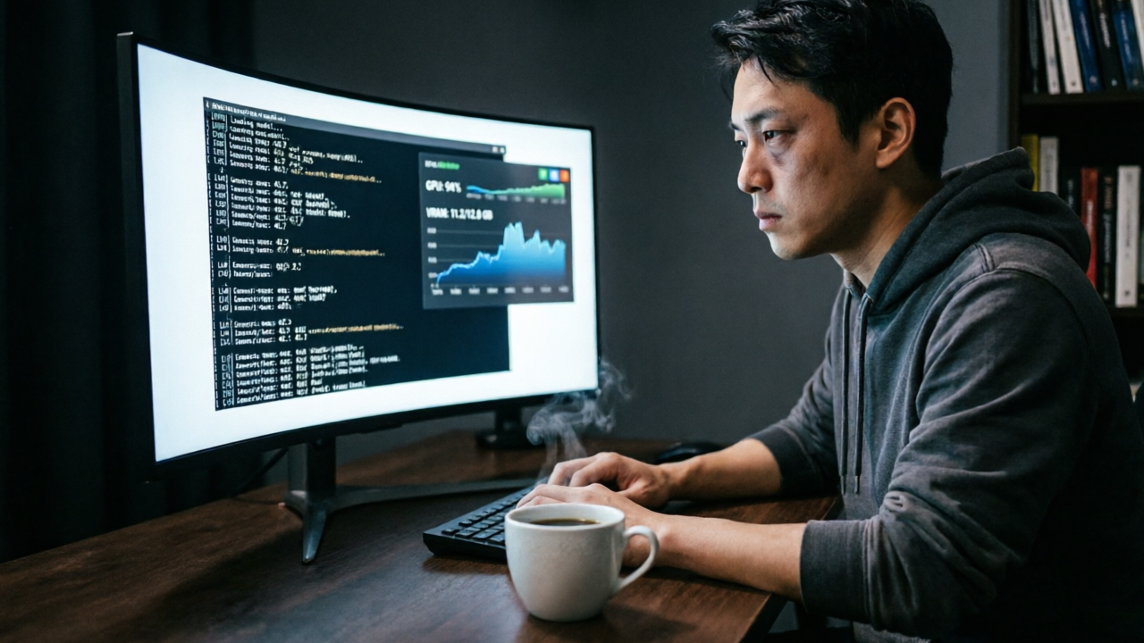 深夜里开发者盯着终端屏幕查看 LLM 推理日志，GPU 指标在背景闪烁，桌上咖啡杯冒着热气，显示器光映在脸上