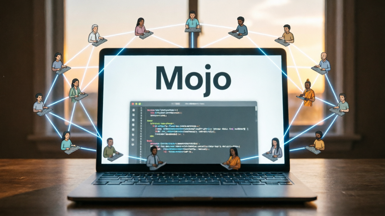笔记本屏幕上显示 Mojo 徽标和代码编辑器，周围环绕来自全球开发者的贡献图标，通过发光线条连接成星座状图案，开放源代码社区氛围，暖色晚间光线