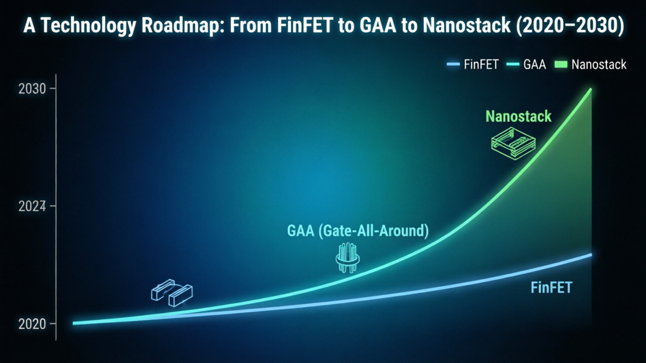 Technology roadmap comparison chart showing FinFET, GAA, and nanostack transistor architectures from 2020 to 2030 timeline, performance per watt curves, technical data visualization