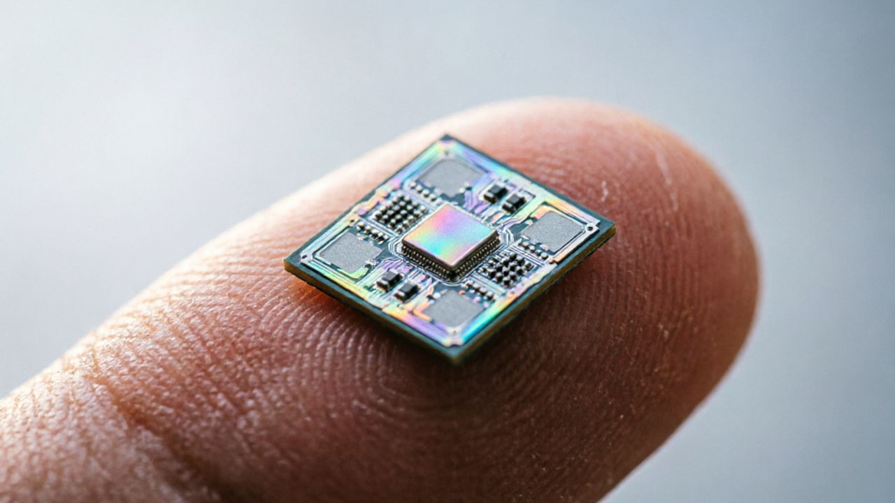 A single fingernail-size chip die glowing with intricate circuitry patterns, surrounded by a faint blueprint grid, representing the concept of billions of transistors on a tiny surface, macro photography style