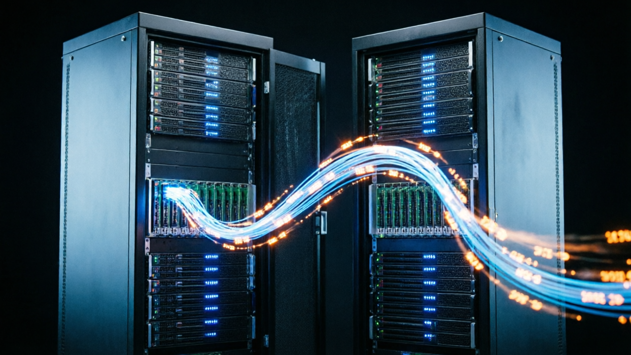 Two global networks with a glowing data stream between them, symbolic of international AI technology transfer and security concerns, geopolitical themed visualization