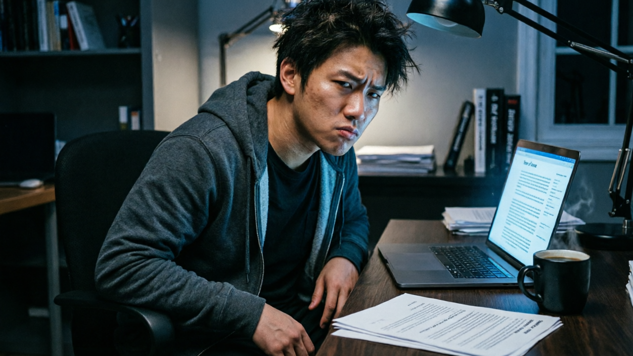 A developer reading terms of service on a laptop screen, skeptical expression, coffee cup nearby, late night atmosphere