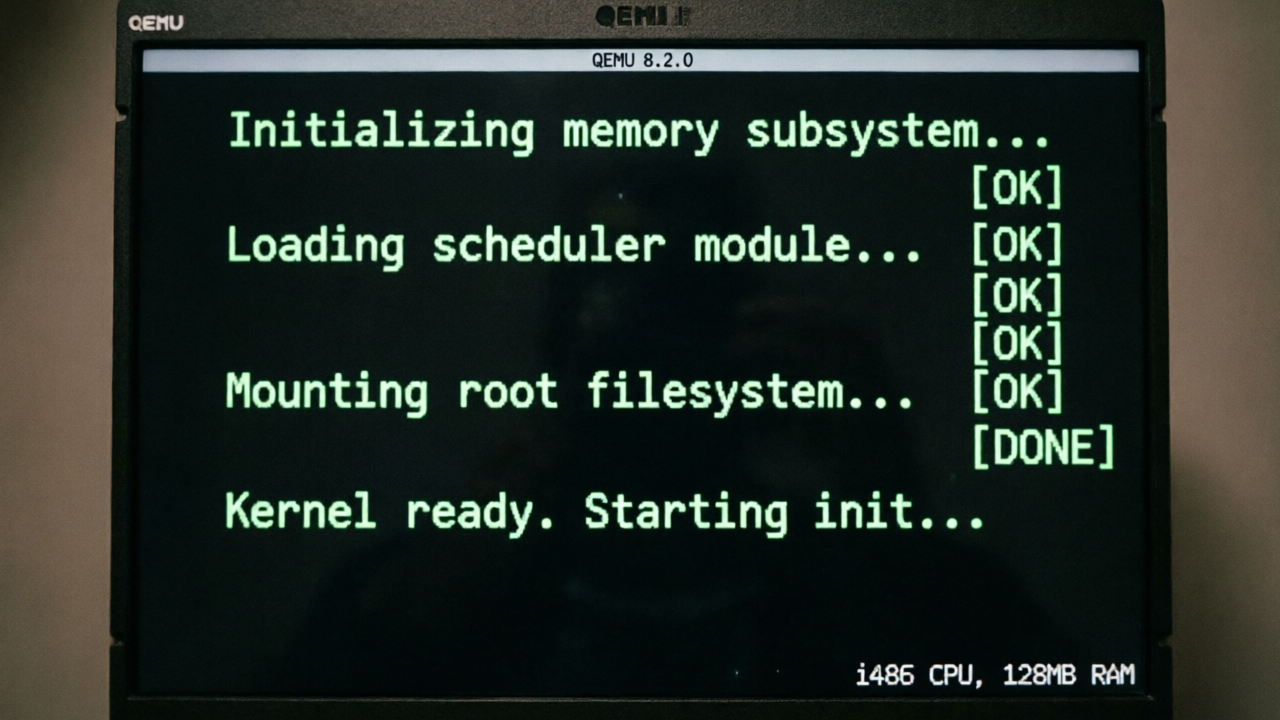 Fable 5 生成内核的 QEMU 启动画面，显示 boot loader 加载过程和内核启动日志，类似真实硬件启动的终端输出，复古绿色字符风格