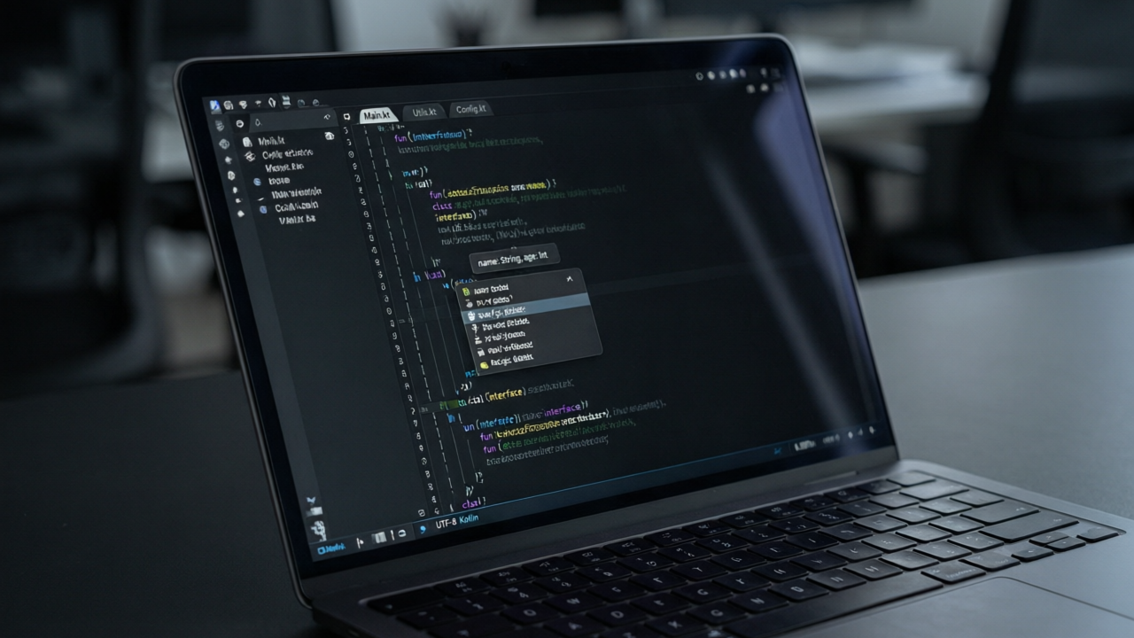 Kotlin代码在IntelliJ IDEA中编辑界面 - 深色主题，代码补全和语法高亮，显示函数签名提示
