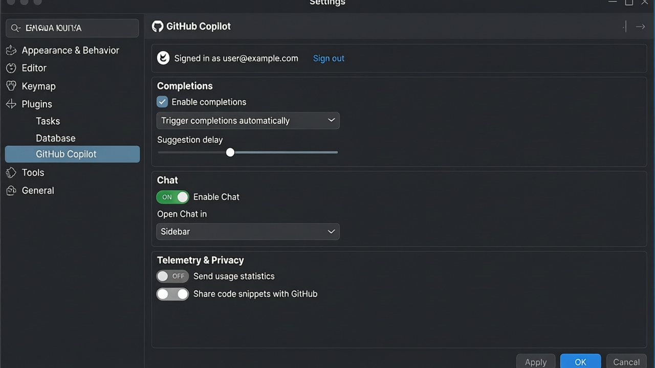 IDE配置界面展示GitHub Copilot集成 - 设置选项页面显示AI辅助功能开关和自定义参数