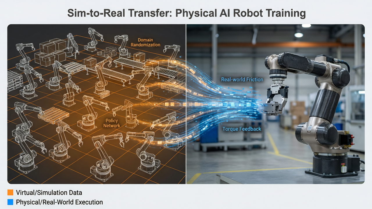 Physical AI robot training simulation - split visualization showing thousands of robot arms in virtual warehouse on left, real robot arm performing same task on right, orange and blue color scheme, data connection lines between virtual and physical, technical illustration style