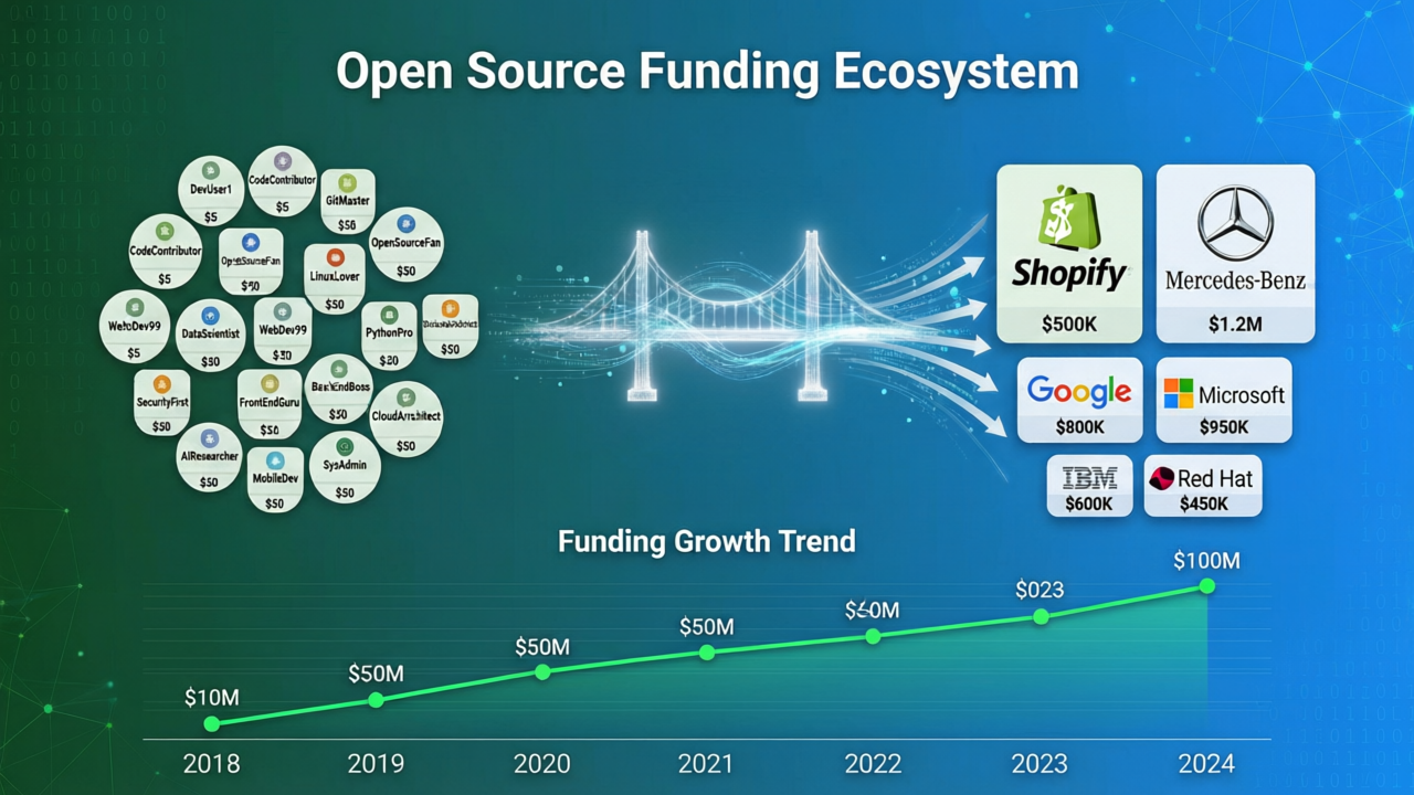 Data visualization of open source funding ecosystem - left side individual sponsor profiles with small amounts, right side large corporate logos like Shopify and Mercedes-Benz with significantly larger contribution blocks, central bridge connecting both sides, green and blue gradient infographic style
