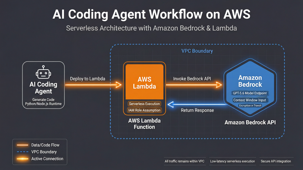 Cloud architecture diagram showing AI coding agent workflow connecting to AWS Lambda functions and Amazon Bedrock with GPT-5.6, data flow arrows showing agent writing code deployed to Lambda which calls Bedrock API within VPC, blue and orange AWS color scheme