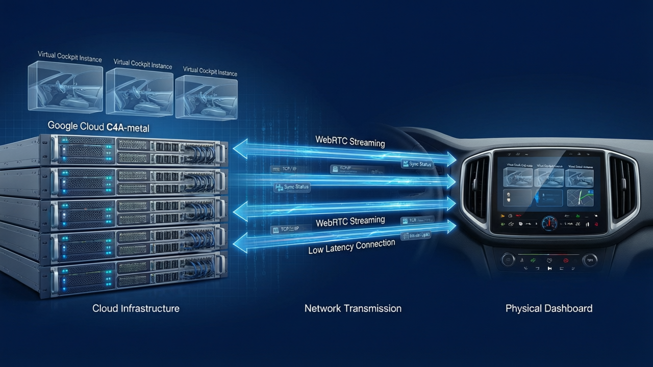 Cloud-to-car concept diagram - left side shows Google Cloud C4A-metal server racks with virtual car cockpit instances, network arrows showing WebRTC streaming to right side physical vehicle dashboard, bidirectional sync arrows between virtual and physical, clean technical illustration with dark blue background